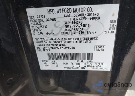 2005 Ford F-150 Stx/Xlt из США, поврежденный, VIN 1FTRF02W75KD96026